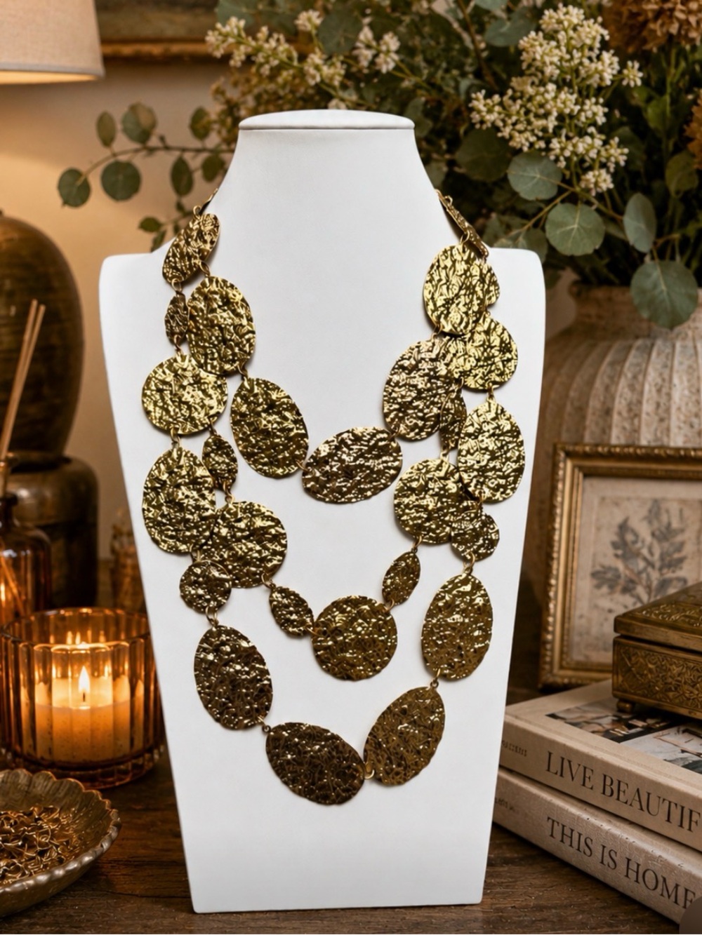 OSCAR DE LA RENTA Textured Gold-tone Disc Multi-strand Statement Necklace
